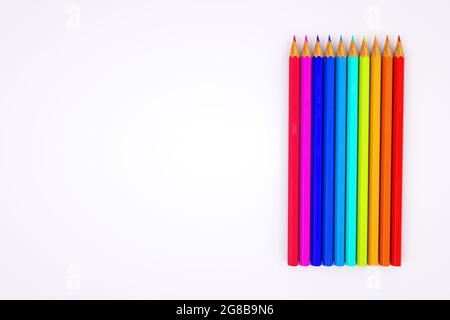 Grafica 3D. Immagine di matite colorate. Set di matite colorate su sfondo bianco. Cavo a matita affilato. Primo piano Foto Stock