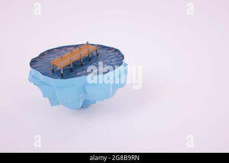 Modello 3D di un'isola con un ponte sull'acqua. Modello su sfondo bianco. Grafica del computer. Ponte isolato su sfondo bianco Foto Stock