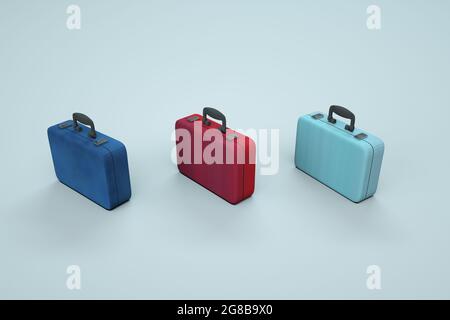Modelli 3D di valigie colorate su sfondo bianco. Piccole valigie da viaggio multicolore. Borse, valigie da viaggio. Grafica del computer Foto Stock