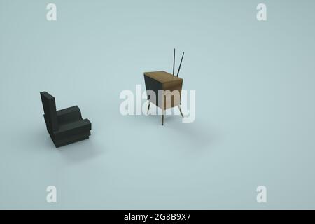 Modello 3D della sedia e della TV. Mobili per la casa su sfondo colorato. Grafica del computer. Oggetti isolati su sfondo bianco Foto Stock