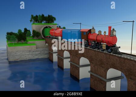 Modello 3D di un treno che esce dal tunnel. Allenati con le auto sul ponte ferroviario. Treno merci su rotaie Foto Stock