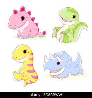 Set di graziosi dinosauri - stegosaurus, tirannosaurus, diplodocus, triceratops. Collezione di personaggi kawaii. Illustrazione vettoriale EPS8 Illustrazione Vettoriale