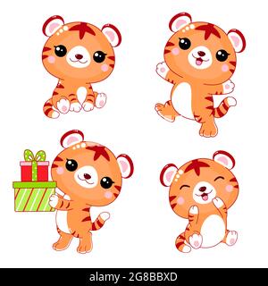Set di tigri kawaii. Collezione di carini tigri cartoon con scatole regalo, seduta, giocare. Illustrazione vettoriale EPS8 Illustrazione Vettoriale
