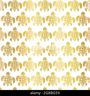 Tartarughe marine modello oro foglio sfondo vettoriale senza cuciture. Silhouette tartaruga con motivo a ripetizione metallizzato dorato. Elegante vista sul mare. Utilizzare Illustrazione Vettoriale