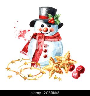 Pupazzo di neve in un cappello nero, sciarpa rossa e mittens con decorazione a palle. Immagine disegnata a mano con acquerello isolata su sfondo bianco Foto Stock