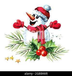 Natale e Capodanno simbolo ornamentale agrifoglio con pupazzo di neve e composizione ramificata. Illustrazione disegnata a mano con acquerello, isolata su sfondo bianco Foto Stock