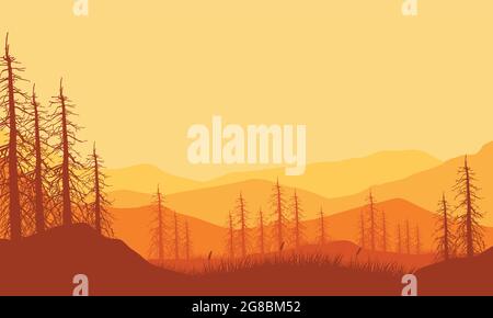 Vista sulle montagne con una silhouette realistica di pini dalla campagna al tramonto in serata. Illustrazione vettoriale di una città Illustrazione Vettoriale