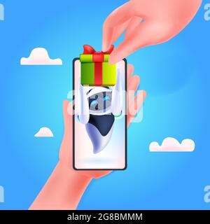 robot moderno con confezione regalo confezionata sullo schermo dello smartphone concetto di intelligenza artificiale per festeggiare il compleanno o la festa Illustrazione Vettoriale