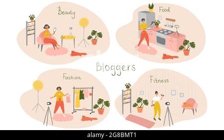 Set di bloggers femminili e vloggers caratteri che fanno il soddisfare del Internet. Donne che creano video per il loro canale blog. Influencer che sparano vlog. Vettore Illustrazione Vettoriale