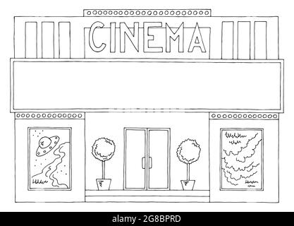 Vista frontale esterna dell'edificio cinematografico grafico nero bianco isolato disegno grafico vettoriale Illustrazione Vettoriale