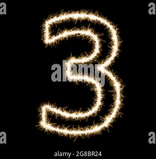 Numero 3 - fatto di scintille, isolato su nero Foto Stock
