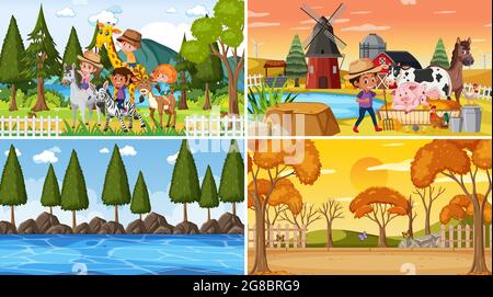 Insieme di differenti scene della natura con illustrazione della gente Illustrazione Vettoriale