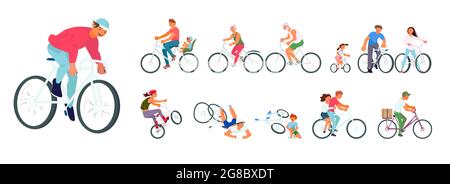 Insieme di diversi ciclista in varie situazioni. Anziani e giovani, bambini, adulti in bicicletta e in bicicletta. Illustrazione di Flat Art Vector Illustrazione Vettoriale