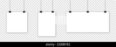 Fogli di carta vuoti sospesi con graffetta e ombre. Falcare la carta vuota isolata su sfondo trasparente Illustrazione Vettoriale