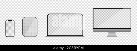 Set di dispositivi realistici mockup. Monitor, laptop, tablet, smartphone. Illustrazione vettoriale isolata su sfondo trasparente Illustrazione Vettoriale