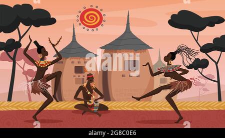 Gli africani ballano su cerimonia rituale etnica, illustrazione vettoriale della cultura tribale. Cartoon aborigeni ballerini che suonano tamburi con motivi decorativi nativi, danzando in villaggio di sfondo Africa Illustrazione Vettoriale