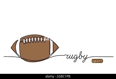 Palla di rugby, pallone da calcio americano un disegno di linea continuo. Banner vettoriale web minimalista, poster, sfondo con scritta rugby sport Illustrazione Vettoriale
