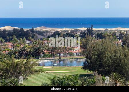 Campo da golf a Maspalomas, Gran Canaria con le dune di sabbia sullo sfondo. Foto Stock