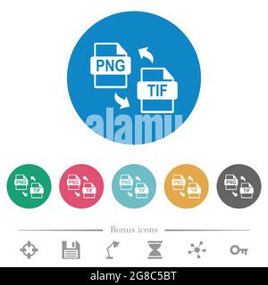 Conversione file PNG TIF icone bianche piatte su sfondi rotondi. 6 icone bonus incluse. Illustrazione Vettoriale