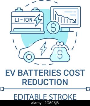 Icona del concetto di riduzione dei costi delle batterie per il trasporto ecologico. Illustrazione Vettoriale