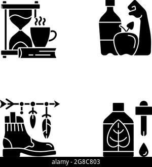 Cambiare le abitudini e le priorità le icone di glifo nero impostate sullo spazio bianco Illustrazione Vettoriale