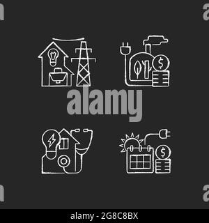 Acquisto di energia elettrica gesso bianco icone set su sfondo scuro Illustrazione Vettoriale