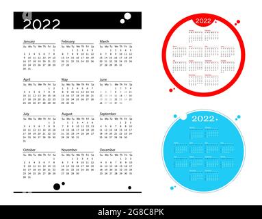 Imposta semplice calendario tascabile 2022 anni su sfondo bianco. Calendario circolare blu e rosso Illustrazione Vettoriale