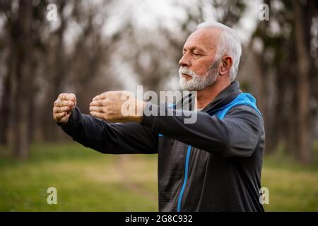 L'uomo anziano sta praticando l'esercitazione del chi del Tai nel parco. Foto Stock