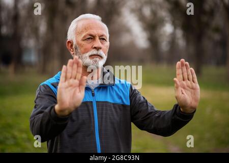 L'uomo anziano sta praticando l'esercitazione del chi del Tai nel parco. Foto Stock