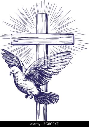 Pasqua felice, croce e colomba, Pasqua. Simbolo del cristianesimo disegno a mano vettore illustrazione schizzo Illustrazione Vettoriale