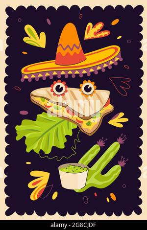 Fast food messicano quesadilla poster disegnato a mano per la cucina del messico menu ristorante o pubblicità ristorante. Tradizionale latino-americano vector banner e sombrero. Tortilla di grano o di mais con formaggio Illustrazione Vettoriale