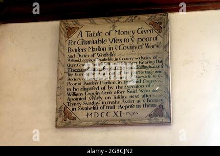 Associazione benefica per i poveri, Chiesa di San Pietro e San Paolo`s, Butlers Marston, Warwickshire, Inghilterra, Regno Unito Foto Stock