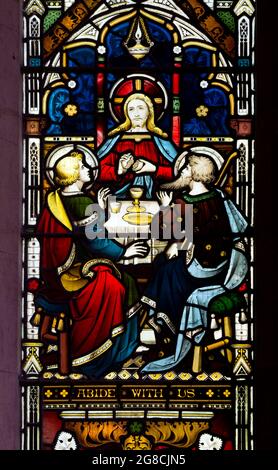 Cena a Emmaus Stained Glass, St. Peter and St Paul`s Church, Butlers Marston, Warwickshire, Inghilterra, Regno Unito Foto Stock