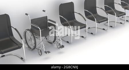 Medici sala d'attesa, sedia a rotelle vuota e sedie d'attesa in fila. Assistenza per pazienti disabili. illustrazione 3d Foto Stock