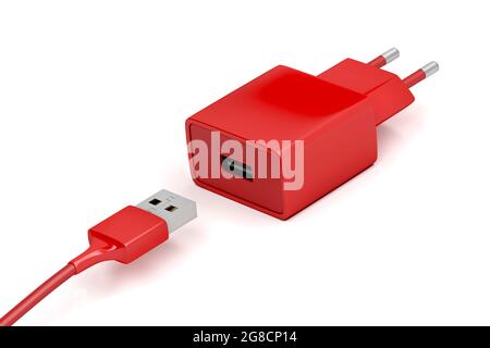 Adattatore di alimentazione rosso e cavo USB su sfondo bianco Foto Stock