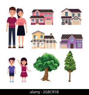 quattro case e famiglia Illustrazione Vettoriale