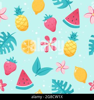 Modello di frutta estiva. Carino cocomero, ananas, limone, foglie. Elementi di cartoni animati piatti disegnati a mano. Illustrazione Foto Stock