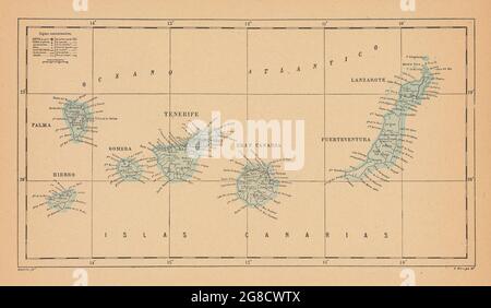 ISOLE CANARIE. Tenerife Palma Gran Canaria Fuerteventura Lanzarote 1914 mappa Foto Stock