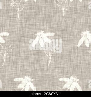 Tessuto di lino con motivo floreale grigio disegnato a mano. Capricci da giardino senza cuciture. Moderna primavera doodle floreale natura tessuto per arredamento casa. Botanico Foto Stock