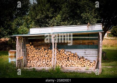 Negozio di tronchi con legna da ardere da utilizzare nel camino Foto Stock