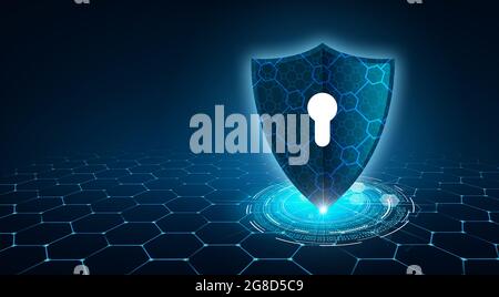 Shield con chiave all'interno su sfondo blu il concetto di cybersicurezza Internet Foto Stock