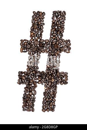 Simbolo hashtag, cancelletto o numerico realizzato con Coffee Beans su sfondo bianco Foto Stock