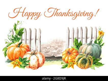 Felice carta del Ringraziamento con zucche. Illustrazione di acquerello disegnata a mano, isolata su sfondo bianco Foto Stock