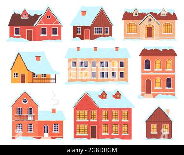 Case invernali. Villaggio, città e cottage rurali con cappelli da neve e derive. Cabina di legno di Natale con camino. Serie vettoriale facciata edifici Illustrazione Vettoriale