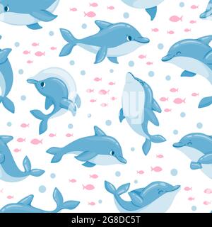 Modello senza giunture di delfini cartoon. Cute baby stampa marina con animale oceanico, pesce. I delfini nuotano e saltano. Struttura vettoriale di delfini di balene di mare Illustrazione Vettoriale