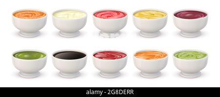 Vista dall'alto delle salse per immersione. Ciotole con maionese, ketchup di pomodoro, senape, pesto, curry e guacamole. Set vettoriale di salsa speziata realistica Illustrazione Vettoriale