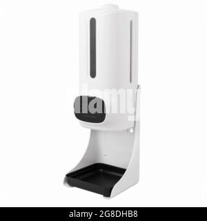 Dispenser automatico di alcol con sensore di temperatura corporea e schermo per la visualizzazione della temperatura isolato su sfondo bianco vista laterale. Foto Stock