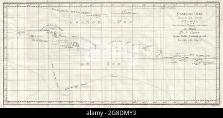 la mappa mostra le esplorazioni del Capitano Cook, del Capitano Byron, del Capitano Wallis e del Capitano Carteret nelle vicinanze di Tahiti e delle Isole della Società dal 1765 al 1769. Da è. Scilly ad ovest e a I. Whitsunday de la Pentecote ad est, da is. Du delusione a nord a Ohetiroa a sud. Presenta i percorsi intrapresi da questi esploratori. Raffigura l'isola di Tahiti , Bora Bora , Otaha, Marma, Ulietea, e altri. Data 1769 Foto Stock