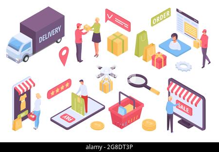 E-commerce isometrico. Clienti che acquistano in negozio online e pagano con carta. Consegna tramite camion, drone o corriere. Insieme vettore Marketplace Illustrazione Vettoriale
