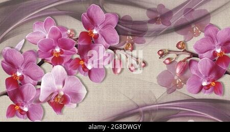 texture sfondo 3d, orchidee rosa su texture tela tessuto. Foto Stock